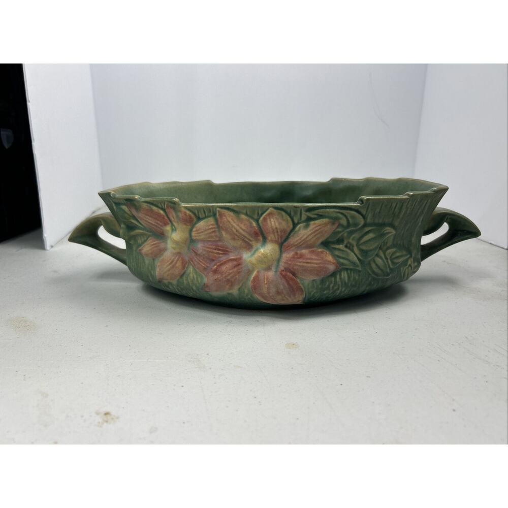 Vintage Roseville Pottery Clematis Green Console Bowl,‎ Shape 458-10 14"